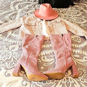 Pink Tweed jacket with pink boots with a sparkle